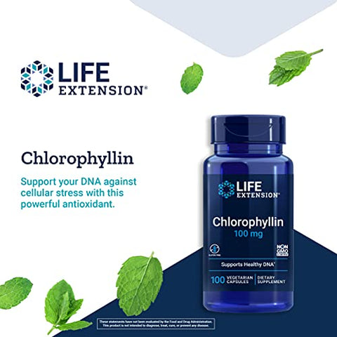 Chlorophyllin 100mg – Poderoso Suplemento Antioxidante para DNA, Saúde do Fígado e Desintoxicação – Não-OGM, Sem Glúten, Vegetariano – 100 Cápsulas - Life Extension