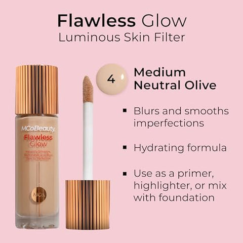 Flawless Glow Filtro de Pele Luminosa, 4 Médio, Brilho Saudável com Radiância Natural, Vegano, Cosméticos Livres de Crueldade - MCoBeauty