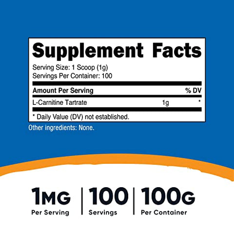 L-Carnitina em Pó (100g) – 1g por Porção; 100 Porções - Nutricost