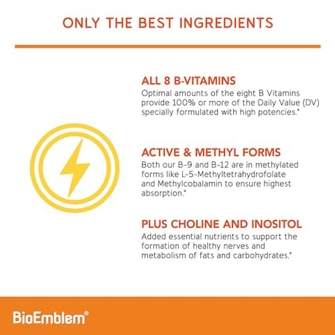 Complexo de Vitaminas B – Todas as 8 Formas Ativas com Metilfolato, Metil B12, B6, Biotina Mais Colina Inositol, Suporta Energia, Metabolismo, Saúde Cerebral e Cardíaca – Vitaminas B - BioEmblem
