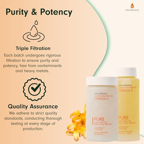 Naturesage - Cápsulas de Ômega 3 Vegano, Alternativa de Óleo de Peixe à Base de Plantas, 90 Cápsulas – Extraído a Frio de Semente de Salva Esclareia – Kosher – Suplemento de Ácido Graxo Ômega 3
