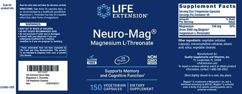 Neuro-Mag Magnésio L-Treonato, 150 Cápsulas Vegetais, Suplemento Magtein para Mulheres e Homens - Life Extension