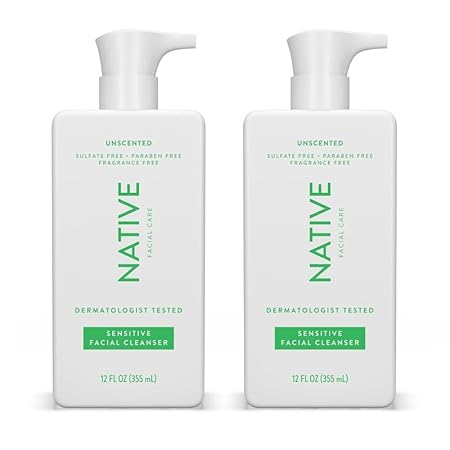 Limpador Facial Sensível Native, Spa Day Todos os Dias (Pacote com 2) | Limpeza Diária do Rosto com Aloe e Vitamina B3, Sem Perfume, 12 fl oz (355 ml)