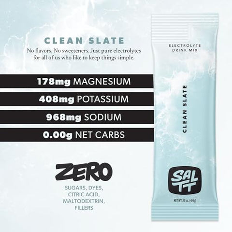 Keto Chow - SALTT Pó de Eletrólitos para Bebida sem Sabor – Clean Slate – 30 Pacotes de Hidratação – Magnésio, Potássio, Sódio, Minerais Traços – Zero Açúcar