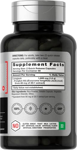 Longjack Tongkat Ali 1600 mg | 120 Cápsulas | Extrato de Raiz de Longifolia em Pó | Fórmula de Força Máxima | Livre de OGM, Sem Glúten - Horbäach