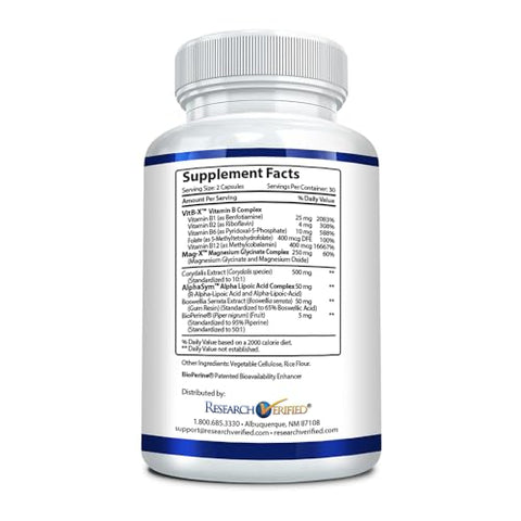 Nerve Support – Vitaminas B, Magnésio, Ácido Alfa Lipóico, Corydalis, Boswellia, BioPerine – 360 Cápsulas – Vegano - Research Verified