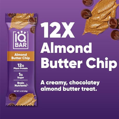 Generic - IQ BAR, Barra de Proteína Vegetal para o Cérebro e o Corpo – Amêndoa com Manteiga de Amendoim – 12 Unidades, Baixo Carboidrato, Alto Teor de Fibras, Sem Glúten, Lanche Vegano – Barras Energéticas com Baixo Teor de Açúcar para Dieta Keto