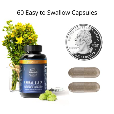 Suplemento Primal Harvest Primal Sleep Support, 60 Cápsulas com Raiz de Valeriana, L-Triptofano, GABA, Camomila e Melatonina 3mg – Suporte para um Sono Primal de Qualidade