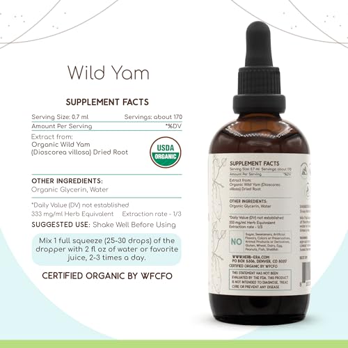 HerbEra - Wild Yam B120 Tintura Orgânica USDA | Extrato Livre de Álcool, Gotas Herbais de Alta Potência | Raiz Seca de Wild Yam (Dioscorea Villosa) Certificada Orgânica (120 ml)