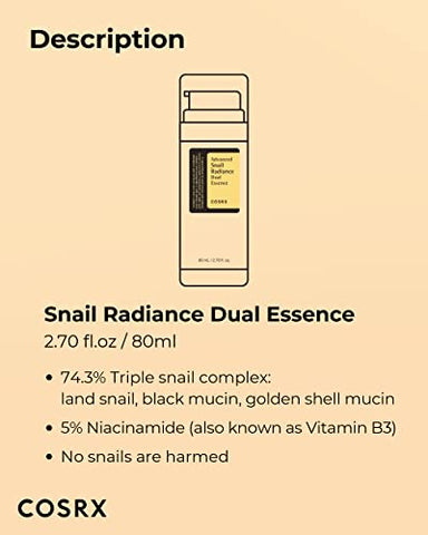 Niacinamide 5%% Snail Mucin 74%% Dual Essence – Serum Facial Anti-idade para Pele Opaca, Hidratante, Iluminador, Reparador, 80ml, Pele Sensível, Não Testado em Animais - COSRX
