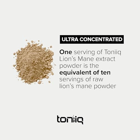 Toniiq - Lions Mane em Pó Orgânico Ultra Concentrado 10x 10,000mg – 30% Polissacarídeos – Alta Concentração e Bioacessibilidade – 90g