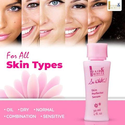 FAIR & WHITE - Fair and White So White Serum Clareador de Pele 30ml – Rosto, Cotovelos, Joelhos, Pés – com Ácido Kójico e Óleo de Rícino