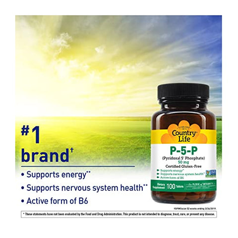 P-5-P Vitamina B6 – Suplemento de Piridoxal-5-Fosfato Bioativo para Energia, Suporte ao Sistema Nervoso e Crescimento de Células Vermelhas do Sangue – Certificado Livre de Glúten, Vegano – 100% Natural e Eficaz - Country Life