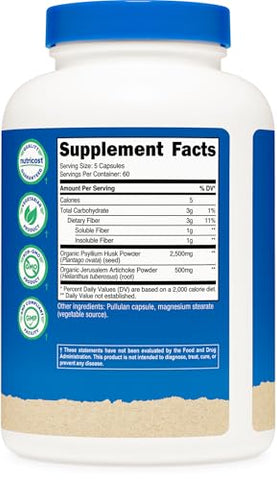 Cápsulas de Fibra com Suplemento de Fibra Prebiótica 300 Cápsulas – Feito com Casca de Psyllium Orgânico - Nutricost