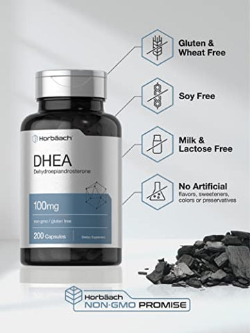 DHEA 100mg | 200 Cápsulas | Homens e Mulheres | Sem OGM, Sem Glúten - Horbäach