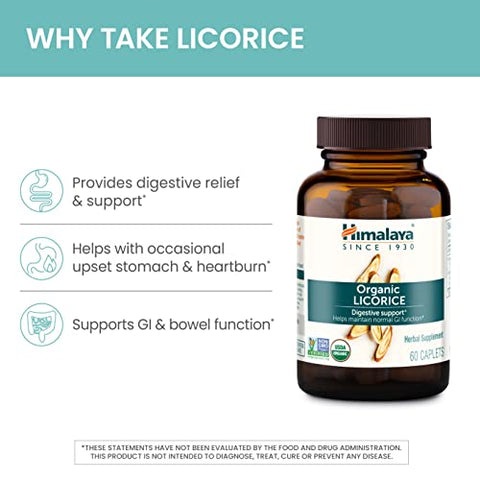 Licorice Root Herbal Supplement Organic – Alívio ocasional de azia, indigestão e desconforto estomacal, suporte digestivo, não-OGM, USDA orgânico, vegano, 60 cápsulas - Himalaya