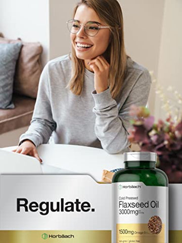 Óleo de Linhaça Cápsulas Softgel 3000mg | 300 Unidades | Alta Potência | com Ômega 3 6 9 | Livre de Transgênicos, Sem Glúten | Linhaça Prensada a Frio - Horbäach