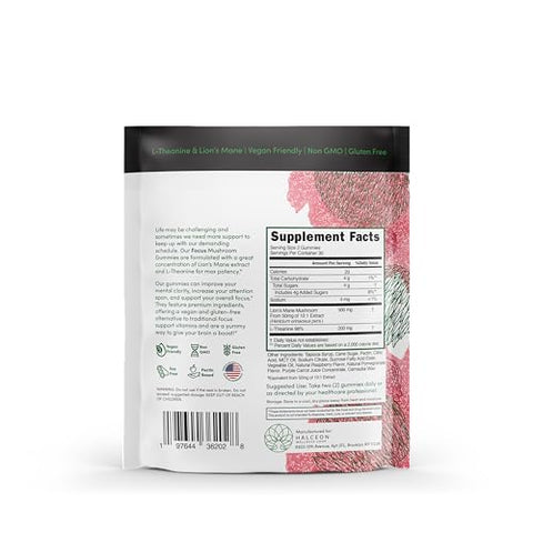 Halceon Wellness Shop - Halceon Wellness Gummies de Cogumelo do Leão e L-Teanina para Saúde Cerebral – Suplemento Nootrópico de Cogumelo do Leão – Vegano e Livre de Transgênicos – 60g