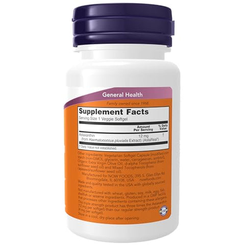 Astaxanthin 12 mg – Triplo Poder – 60 Cápsulas Vegetais - NOW Foods