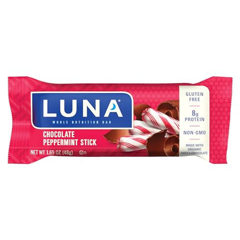Luna Bar - LUNA Bar Chocolate Peppermint Stick – Sem Glúten – Não-OGM – 7-9g Proteína – Feito com Aveia Orgânica – Baixo Índice Glicêmico – Barras de Lanche Nutritivas – 48g (12 Unidades)