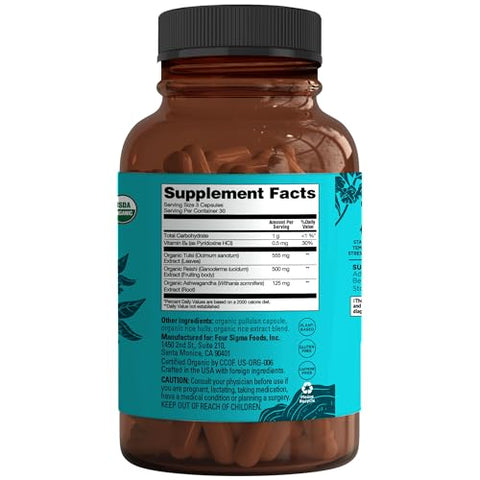 Cápsulas Four Sigmatic Calm | Suplemento Vegano para Alívio do Estresse e Promoção de Humor Positivo com Pó de Ashwagandha Orgânico, Cogumelo Reishi Orgânico, Tulsi (Extrato de Manjericão Sagrado) | 100% Natural e Eficaz