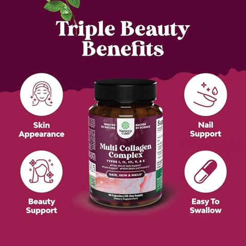 Natures Craft - Complexo Avançado de Colágeno Multi – Suplemento de Biotina e Colágeno para Homens e Mulheres com BioPerine e Vitamina C – Tipo 1 2 3 5
