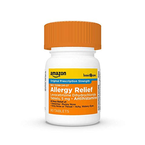 24 Hour Allergy Relief – Comprimidos de Levocetirizina Dicloridrato, 5 mg, Antialérgico, Alivia Espirros, Coriza, Coceira no Nariz ou Garganta e Olhos Lacrimejantes – Compre Agora! - Amazon Basic Care