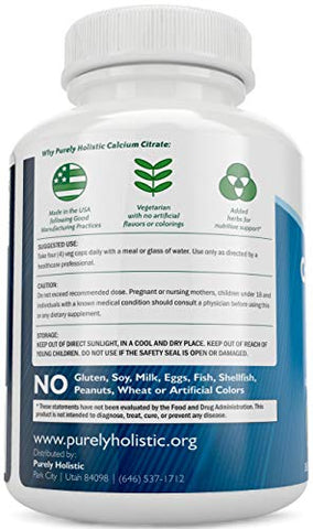 Purely Holistic - Calcium Citrate 1000mg – 365 Cápsulas Veganas com Salsa, Dente-de-leão e Agrião – Sem Vitamina D – Fabricado nos EUA pela