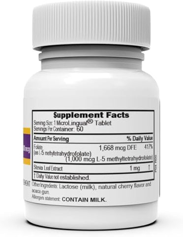 Methylfolate 5-MTHF 1000 mcg – Comprimidos MicroLingual de Dissolução Rápida, 60 un, Forma Biologicamente Ativa de Folato, Saúde Cardiovascular, Metabolismo Energético - Superior Source