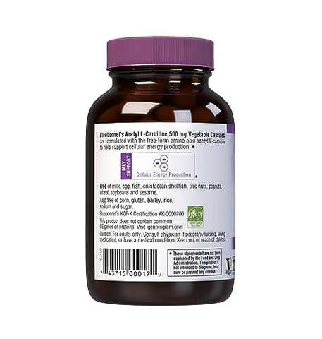 Nutrition Acetyl L-Carnitine – Transporta Ácidos Graxos, Aumenta Energia Celular – Soja – 60 cápsulas - Bluebonnet