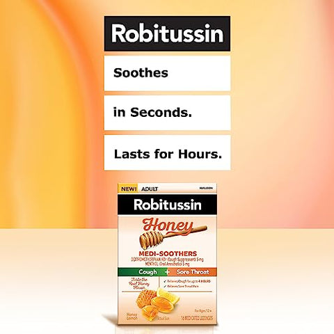 Medi-Soothers Mel e Limão Pastilhas para Garganta, Alívio Duradouro da Tosse e Dor de Garganta – 48 Unidades (3 x Embalagens com 16 Pastilhas) - Robitussin