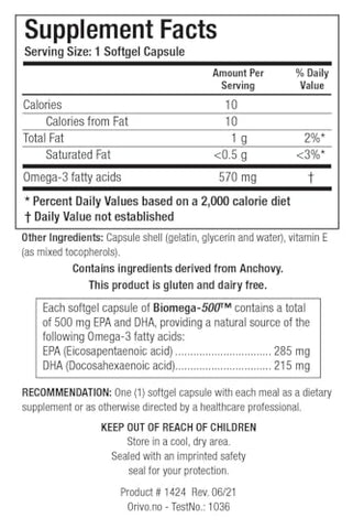 Biomega 500 Óleo de Peixe Ômega 3, Altamente Concentrado com EPA/DHA, Ácidos Graxos Ômega 3, Suporta o Sistema Imunológico e Cardiovascular 90 Softgels - Biotics Research