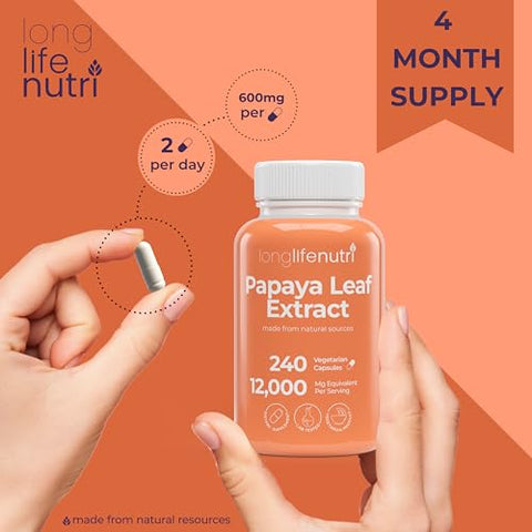LongLifeNutri - Extrato de Folha de Mamão 10:1 12000mg – 240 Cápsulas Vegetarianas, 4 Meses de Fornecimento, da Carica Papaya para Produção de Plaquetas Sanguíneas