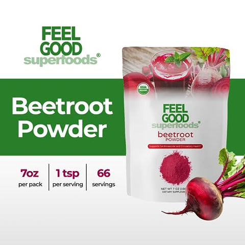 FEEL GOOD - Feelgood Superfoods: Pó de Beterraba Orgânica Fortificado, Impulsionador de Óxido Nítrico para Receitas e Smoothies, Beterraba Pura com Extrato de Raiz de Beterraba 10:1, 200g