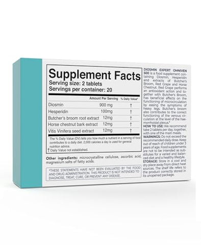 DULÀC FARMACEUTICI 1982 - Dulàc – Suplemento Omniven 500-40 Tablets para Hemorroidas e Veias Varicosas com Diosmina, Extrato de Castanha da Índia, Ruscus Aculeatus e Hesperidina
