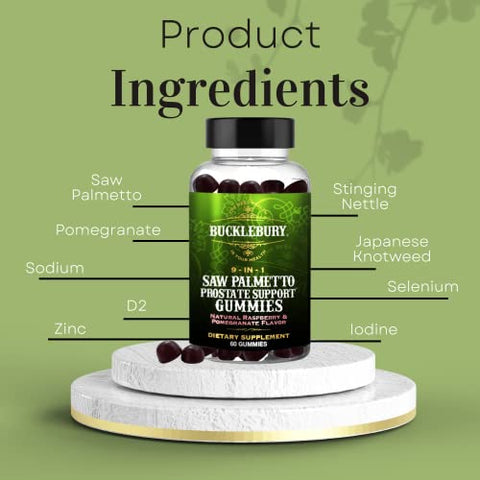 BUCKLEBURY - Gomas de Saw Palmetto 9 em 1 para Suporte à Próstata e ao Sistema Urinário – Sabor Natural de Framboesa e Romã – Suplemento Alimentar à Base de Plantas para Esvaziamento da Bexiga e Queda de Cabelo – 60 g