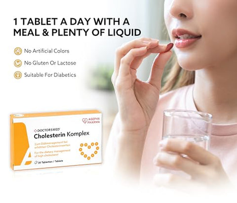 DOCTORSMED - Cholesterin Komplex | 30 Comprimidos Veganos | Suplemento para Manter Níveis de Colesterol | Extrato de Arroz Vermelho com Monacolina K | Sem Glúten, Sem Lactose | Fabricado na Europa