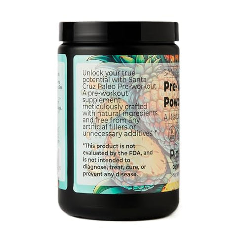 Natural Pré Treino em Pó, Abacaxi, Eletrólitos Pré-Treino Keto com Magnésio, Potássio, L-Citrulina, 150mg de Cafeína, Mistura para Bebida sem Açúcar para Energia - Santa Cruz Paleo