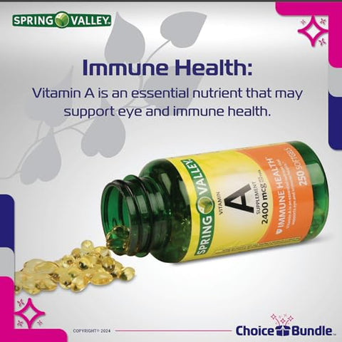 ChoiceBundle - Spring Valley Softgels de Vitamina A, 2400 mcg 2Pk Bundle Escolha (500 Total) Guia de Vitalidade de Vitaminas e Recipiente para Comprimidos (4 Itens)