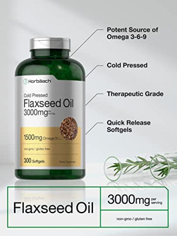 Óleo de Linhaça Cápsulas Softgel 3000mg | 300 Unidades | Alta Potência | com Ômega 3 6 9 | Livre de Transgênicos, Sem Glúten | Linhaça Prensada a Frio - Horbäach