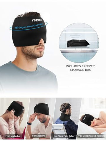 I-THERA-U - iTHERAU Migraine Ice Head Wrap – Alívio de Dor de Cabeça com Compressa Fria para Sinusite, Estresse e Tensão