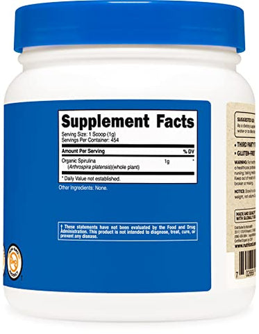 Spirulina Orgânica 1LB (3 Frascos) – 3LBS, 1g Por Porção - Nutricost