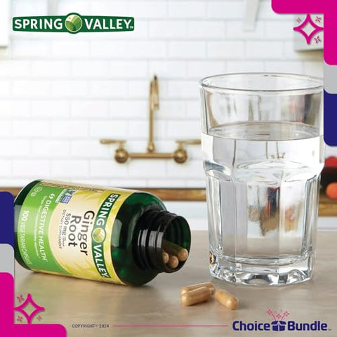 ChoiceBundle - Spring Valley Cápsulas de Suplemento Digestivo de Raiz de Gengibre 550 mg 100 Ct 4 pk Pacote Escolha (400 Total) Guia “Vitalidade Vitamínica” e Recipiente de Comprimidos (6 Itens)