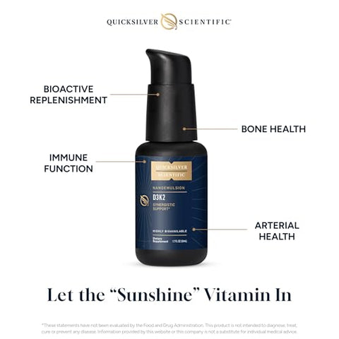 D3K2 Nanoemulsion – Vitamina D3 K2 MK7 Líquida Emulsionada para Saúde do Coração, Ossos e Suporte Imunológico – Bioativa 2500UI para Melhorar - Quicksilver Scientific