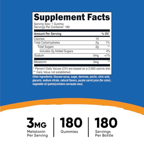 Melatonina 3mg, 180 Gomas, Sabor Morango – Sem Glúten, Não-OGM, Sem Xarope de Milho - Nutricost