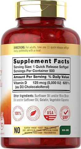 Vitamina D3 5000 UI Cápsulas Softgels | 500 Unidades | Tamanho Econômico | Suplemento Sem OGM e Glúten | Fórmula de Alta Potência | 125mcg - Carlyle
