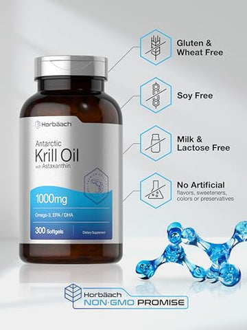 Óleo de Krill Antártico Horbäach 1000mg Cápsulas | 300 Unidades | Suplemento Ômega 3 com Astaxantina, EPA, DHA | Livre de Transgênicos, Sem Glúten