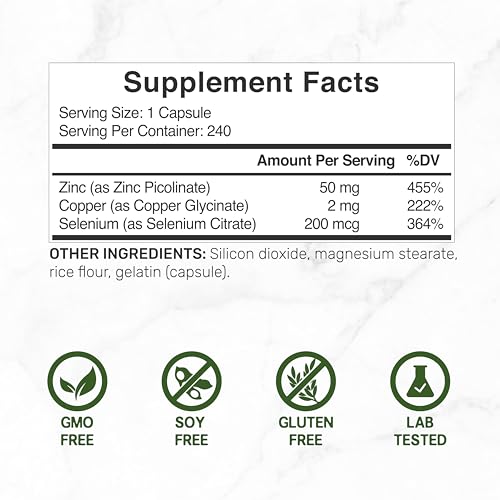 DEAL SUPPLEMENT - Zinco 50mg com Selênio 200mcg Cobre, 240 Cápsulas, Suprimento de 8 Meses, Fórmula Mineral 3 em 1, Suplemento Complexo de Zinco Picolinato, Suporta Sistema Imunológico Saudável para Adultos e Crianças