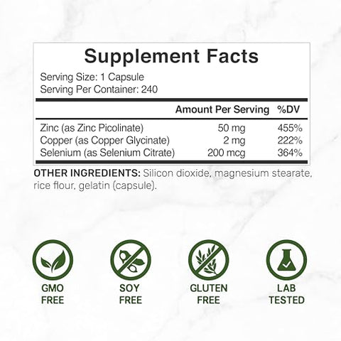 DEAL SUPPLEMENT - Zinco 50mg com Selênio 200mcg Cobre, 240 Cápsulas, Suprimento de 8 Meses, Fórmula Mineral 3 em 1, Suplemento Complexo de Zinco Picolinato, Suporta Sistema Imunológico Saudável para Adultos e Crianças