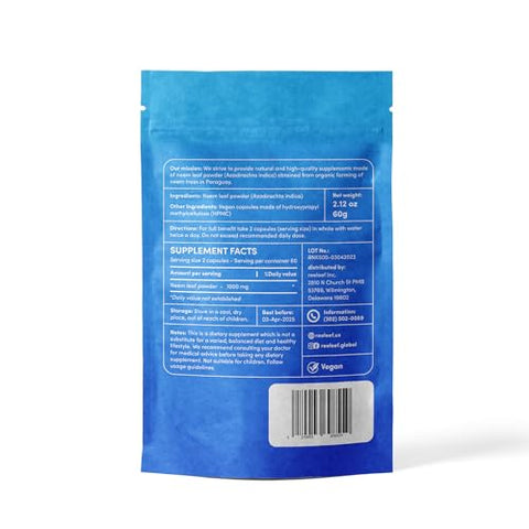 reeleef - Cápsulas de Folha de Neem Puro Herbal – 120 Unidades 500 mg – Pó de Neem Puro Feito com Folhas de Neem Orgânicas Certificadas – Sem Aditivos – Vegano